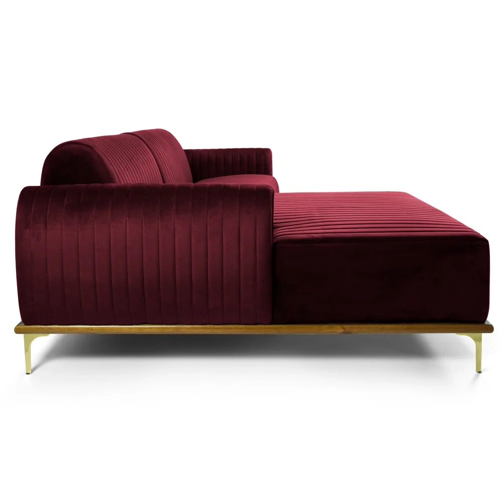 Sofá 230cm 4 Lugares com Chaise Esquerdo Pés Gold Molino C-278 Veludo Marsala - Domi