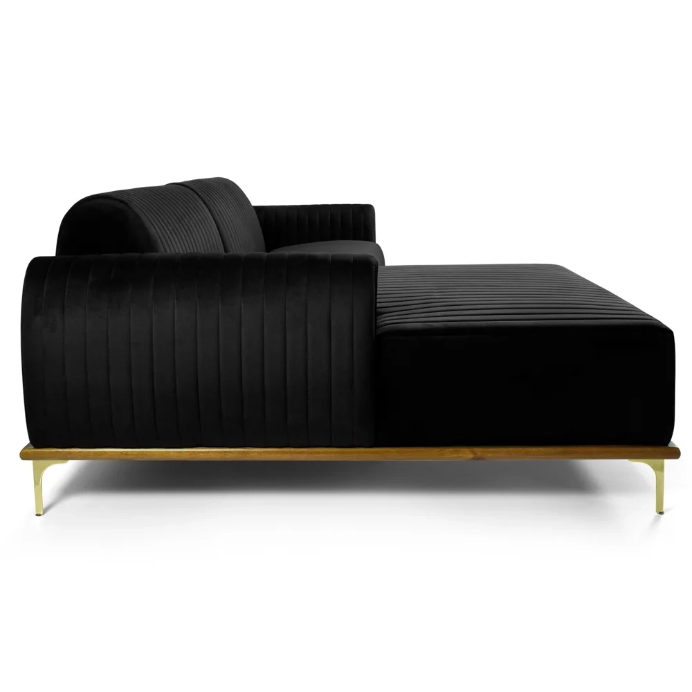 Sofá 230cm 4 Lugares com Chaise Esquerdo Pés Gold Molino C-300 Veludo Preto - Domi