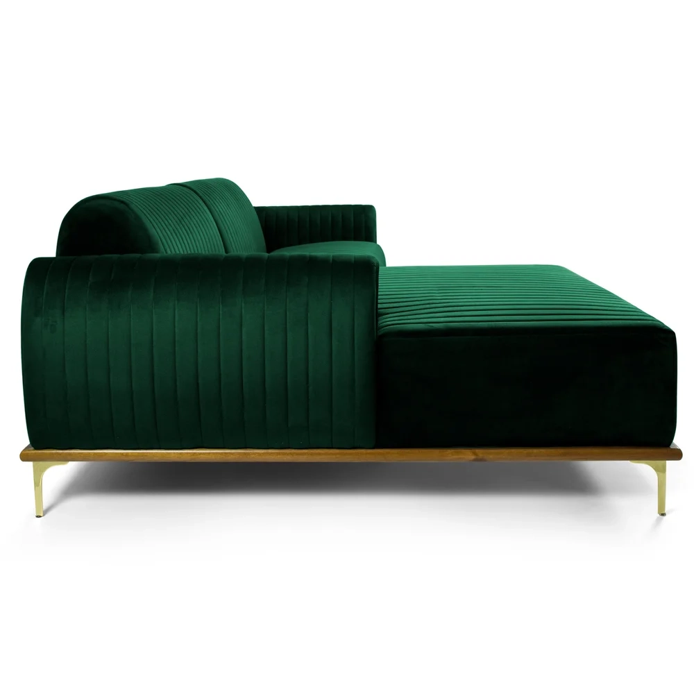 Sofá 230cm 4 Lugares com Chaise Esquerdo Pés Gold Molino C-303 Veludo Verde Musgo - Domi