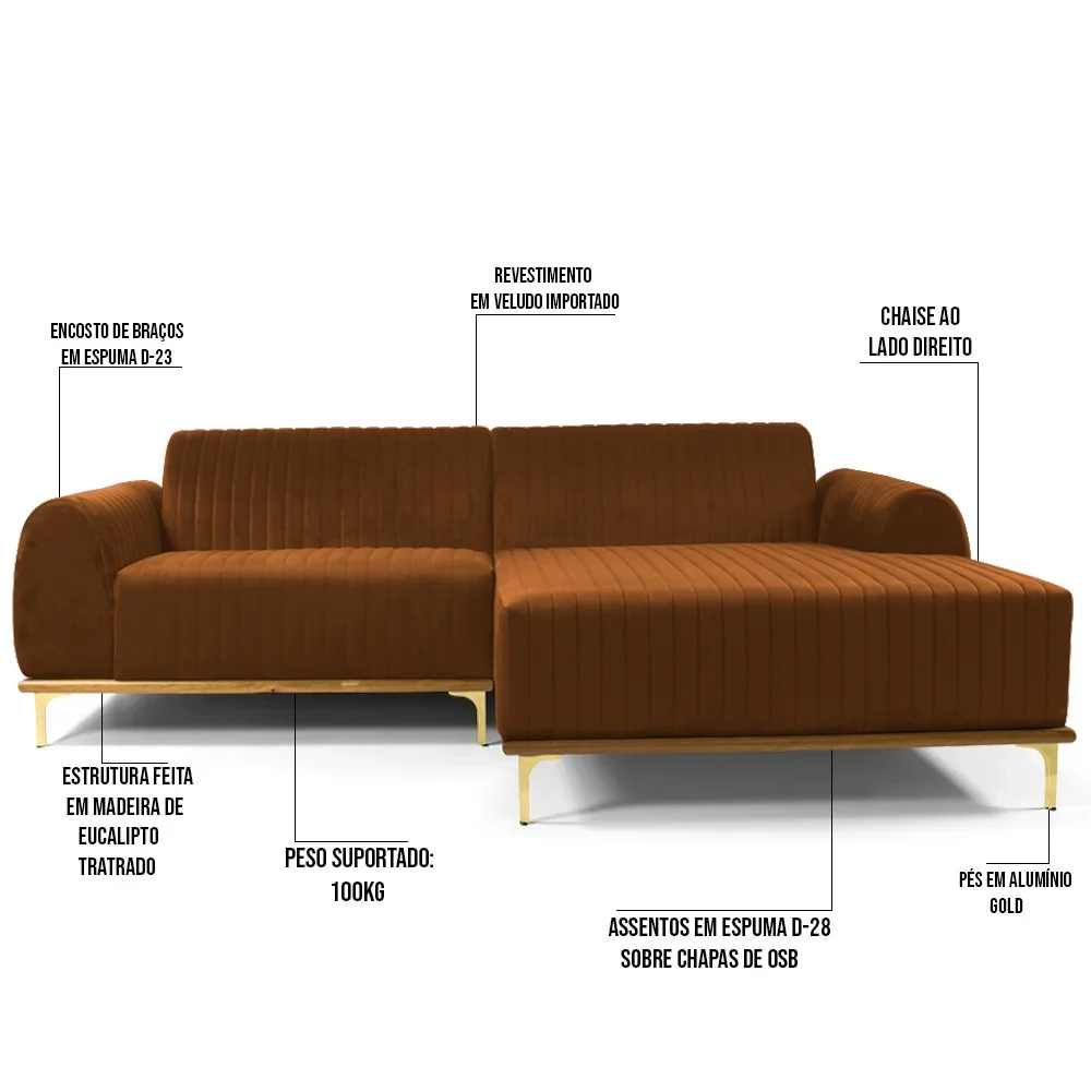 Sofá 230cm 4 Lugares com Chaise Direito Pés Gold Molino C-262 Veludo Telha - Domi
