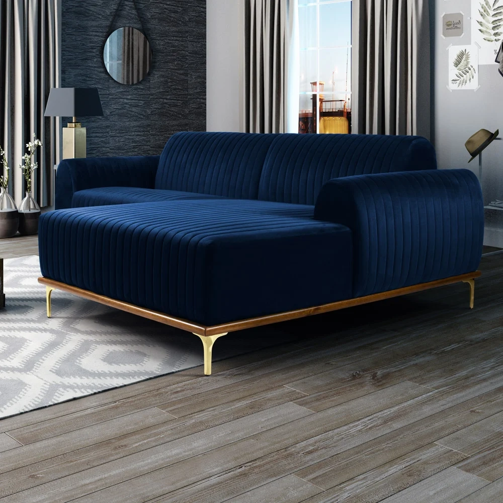 Sofá 230cm 4 Lugares com Chaise Direito Pés Gold Molino C-304 Veludo Azul Marinho - Domi