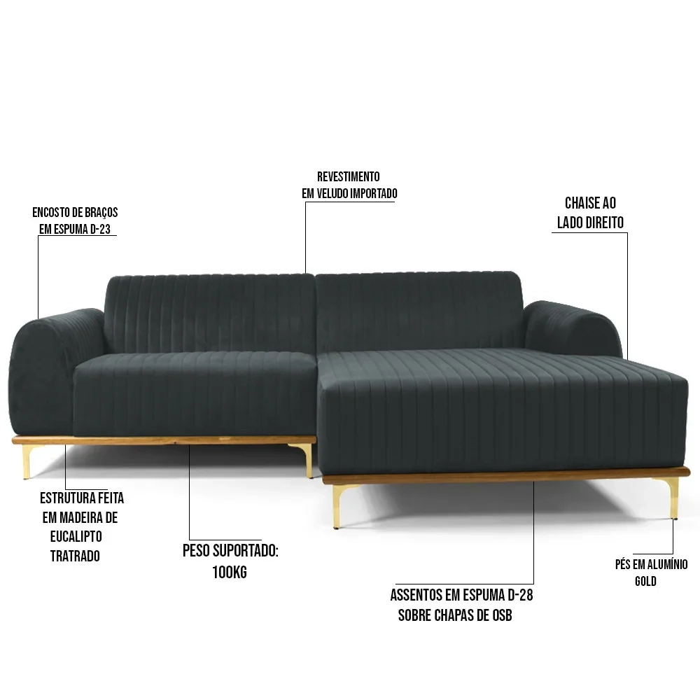 Sofá 230cm 4 Lugares com Chaise Direito Pés Gold Molino C-317 Veludo Cinza - Domi