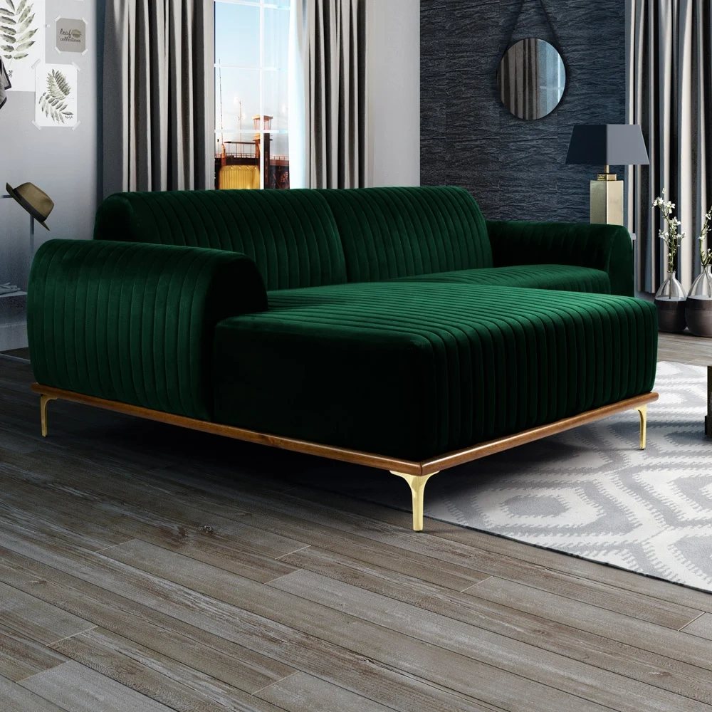 Sofá 255cm 4 Lugares com Chaise Esquerdo Pés Gold Molino C-303 Veludo Verde Musgo - Domi