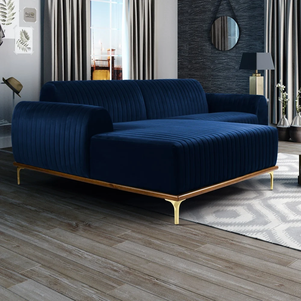 Sofá 255cm 4 Lugares com Chaise Esquerdo Pés Gold Molino C-304 Veludo Azul Marinho - Domi