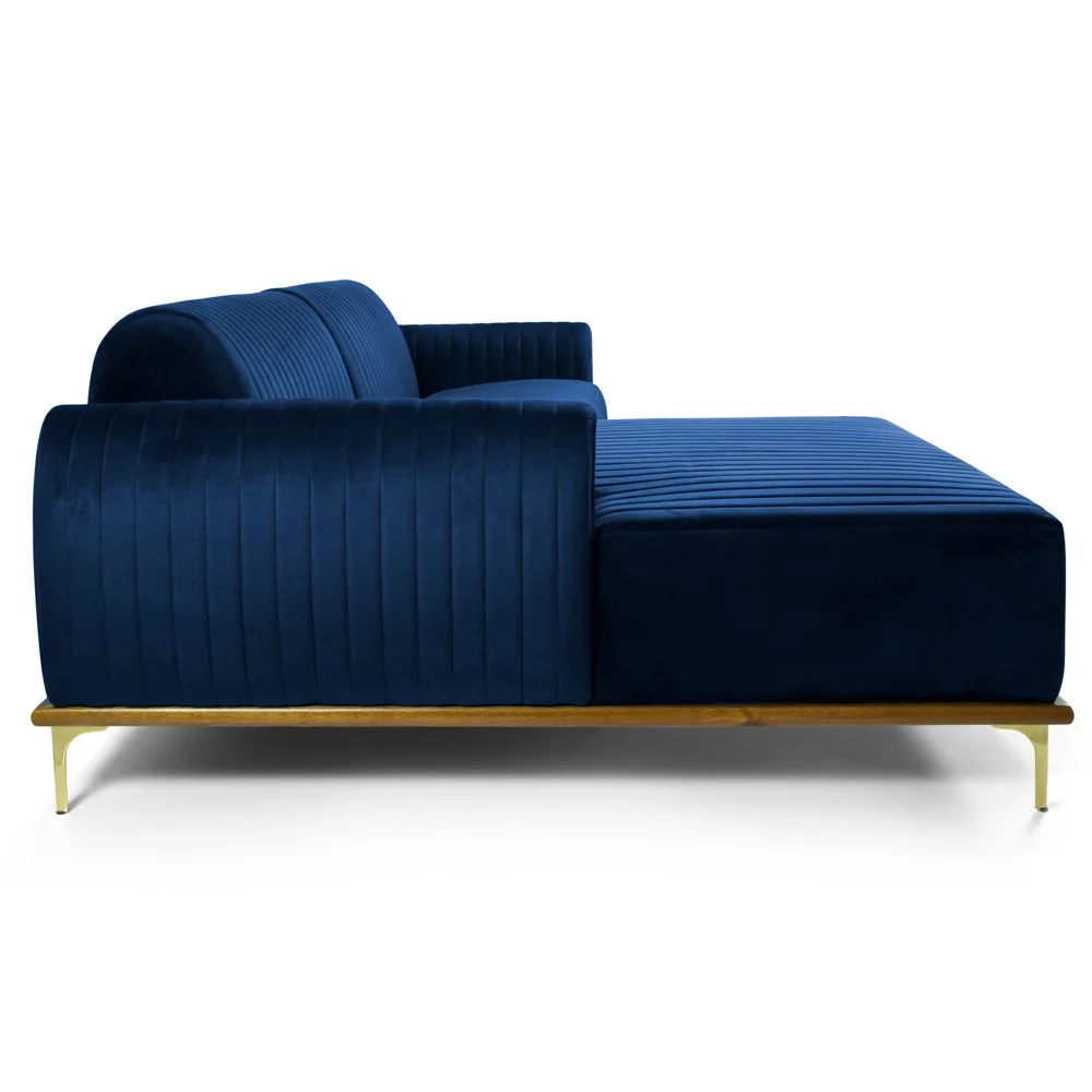 Sofá 255cm 4 Lugares com Chaise Esquerdo Pés Gold Molino C-304 Veludo Azul Marinho - Domi