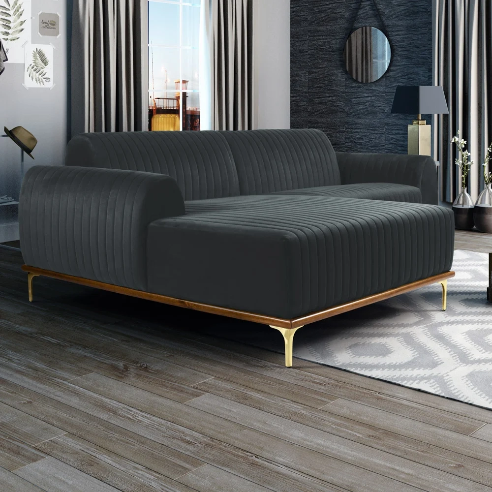 Sofá 255cm 4 Lugares com Chaise Esquerdo Pés Gold Molino C-317 Veludo Cinza - Domi