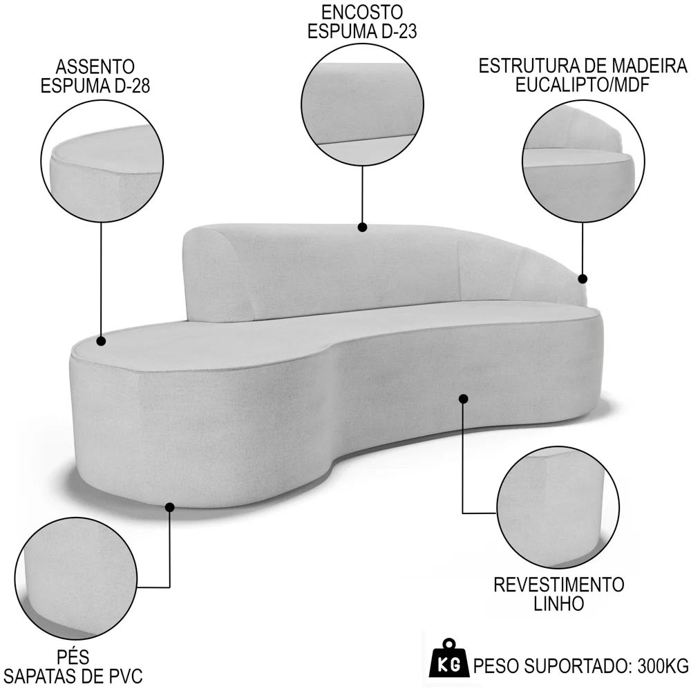 Sofá Living 3 Lugares 230cm Braço Direito Mozart D06 Linho Cinza - Mpozenato