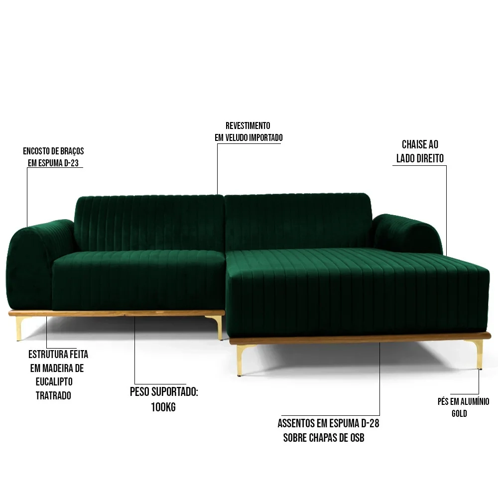 Sofá 320cm 5 Lugares com Chaise Direito Pés Gold Molino C-303 Veludo Verde Musgo - Domi
