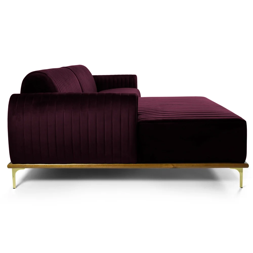 Sofá 350cm 6 Lugares com Chaise Esquerdo Pés Gold Molino C-292 Veludo Uva - Domi