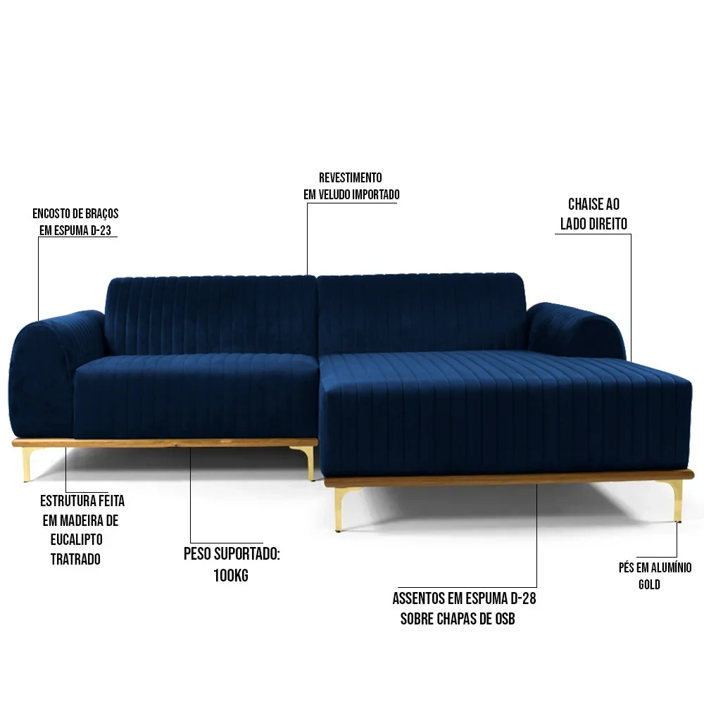 Sofá 255cm 4 Lugares com Chaise Direito Pés Gold Molino C-304 Veludo Azul Marinho - Domi