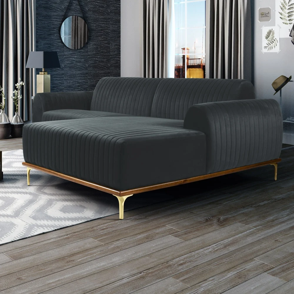 Sofá 255cm 4 Lugares com Chaise Direito Pés Gold Molino C-317 Veludo Cinza - Domi