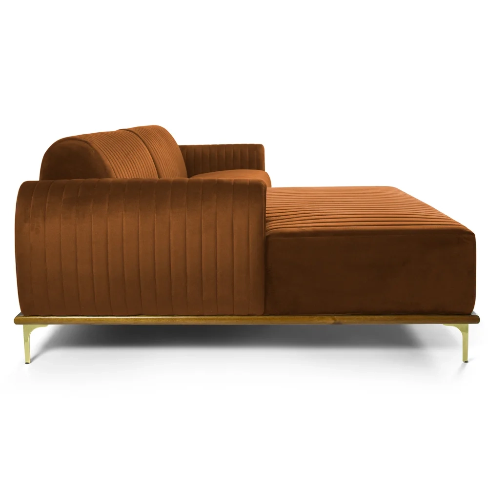 Sofá 265cm 4 Lugares com Chaise Esquerdo Pés Gold Molino C-262 Veludo Telha - Domi