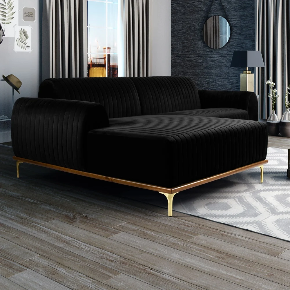 Sofá 350cm 6 Lugares com Chaise Esquerdo Pés Gold Molino D-300 Veludo Preto - Domi