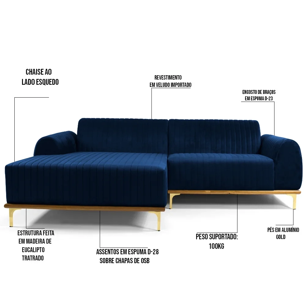 Sofá 265cm 4 Lugares com Chaise Esquerdo Pés Gold Molino C-304 Veludo Azul Marinho - Domi
