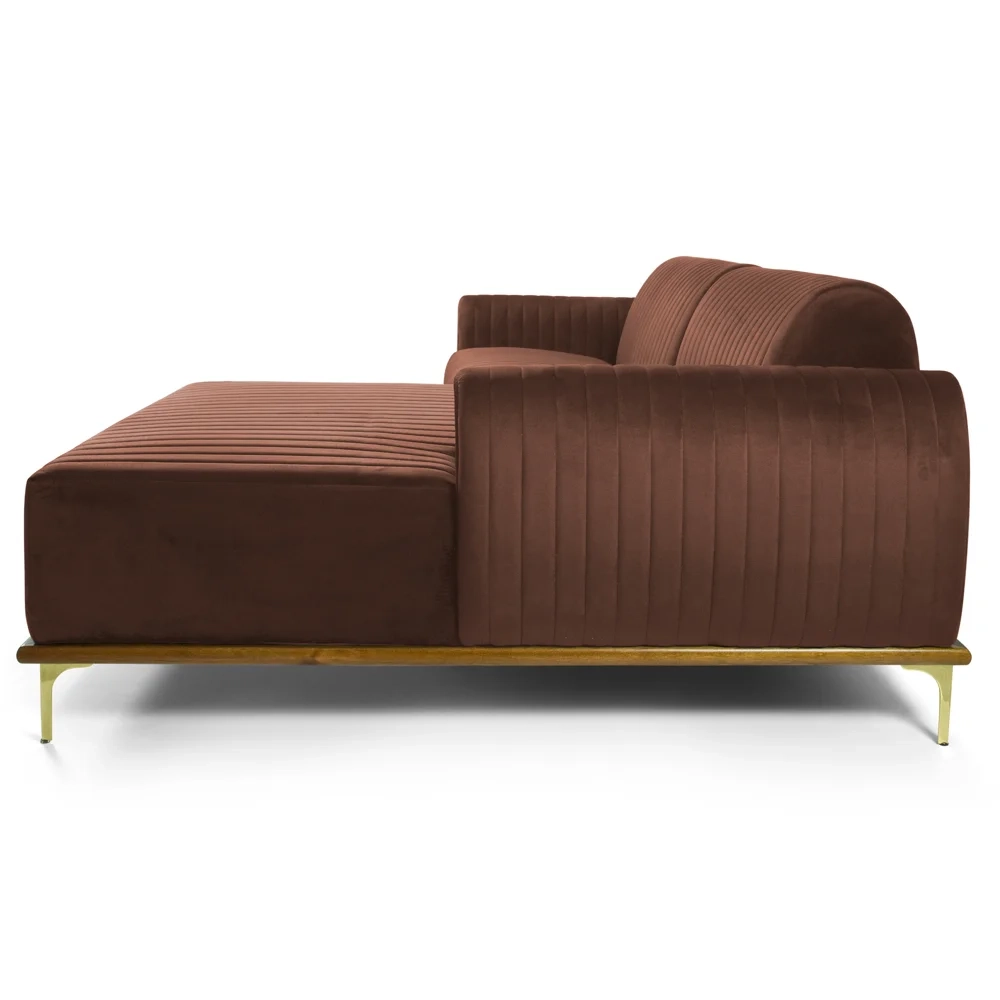 Sofá 265cm 4 Lugares com Chaise Direito Pés Gold Molino C-276 Veludo Terra - Domi