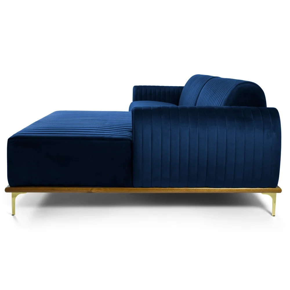 Sofá 265cm 4 Lugares com Chaise Direito Pés Gold Molino C-304 Veludo Azul Marinho - Domi