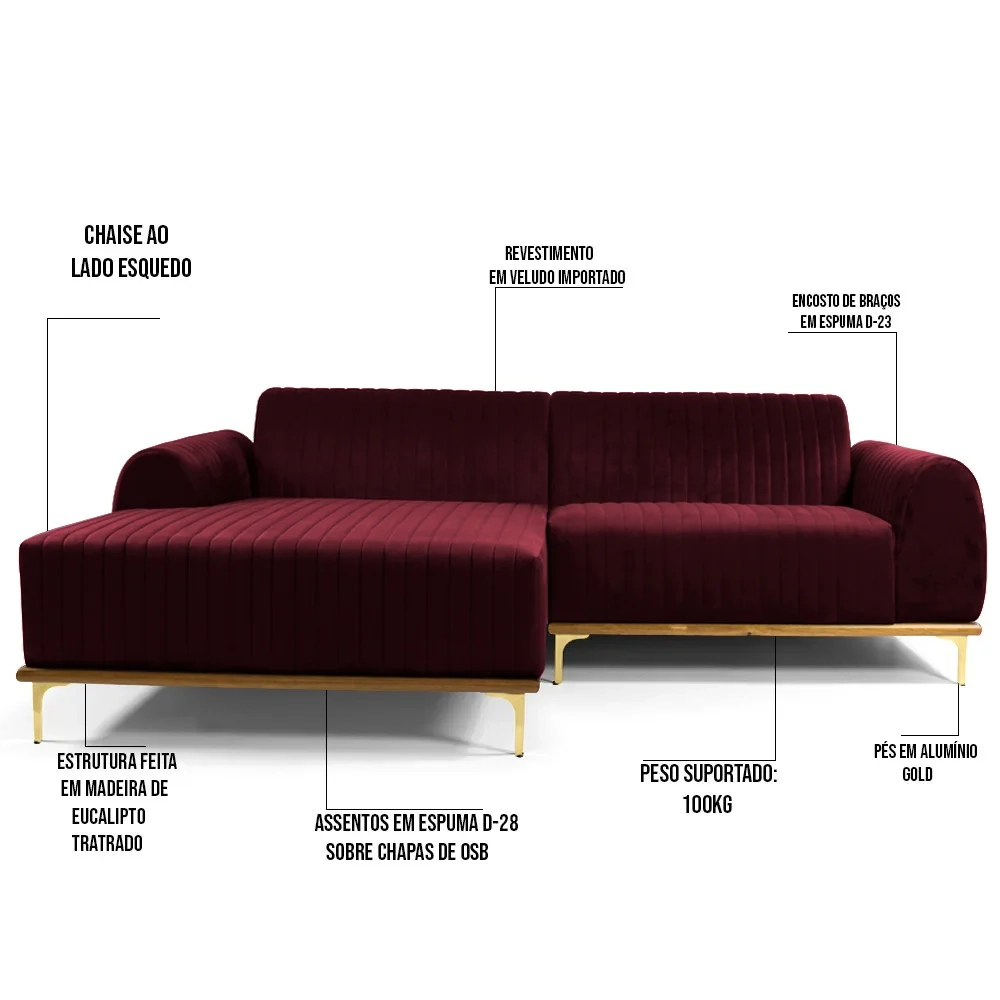 Sofá 300cm 5 Lugares com Chaise Esquerdo Pés Gold Molino C-278 Veludo Marsala - Domi