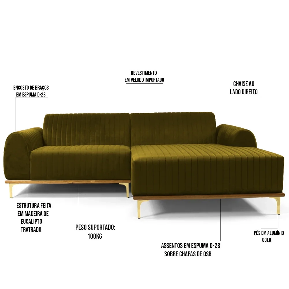 Sofá 350cm 6 Lugares com Chaise Direito Pés Gold Molino C-260 Veludo Mostarda - Domi