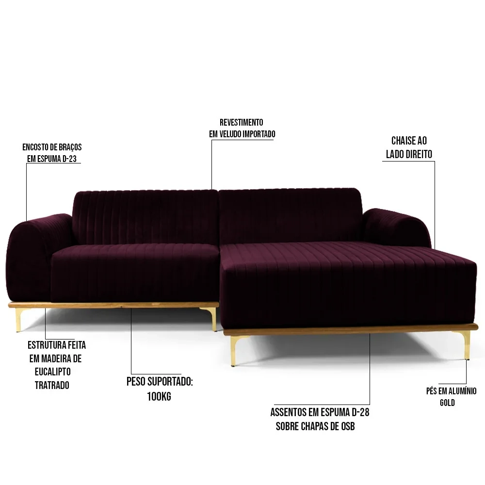 Sofá 350cm 6 Lugares com Chaise Direito Pés Gold Molino C-292 Veludo Uva - Domi
