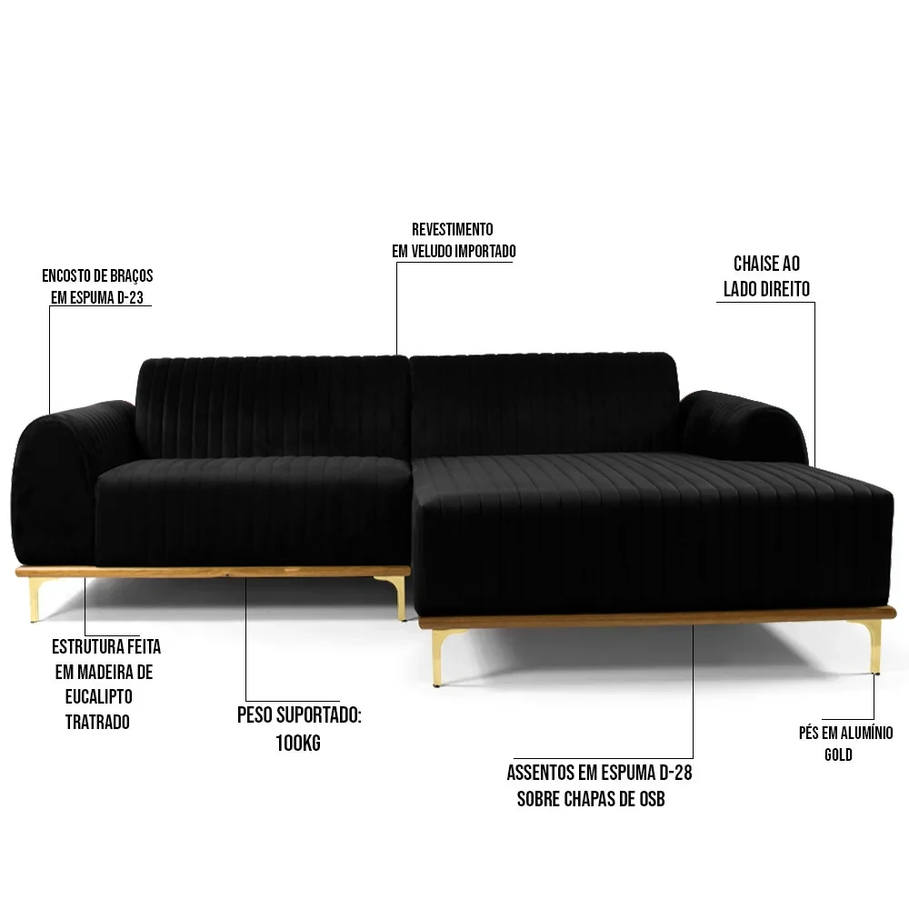 Sofá 350cm 6 Lugares com Chaise Direito Pés Gold Molino C-300 Veludo Preto - Domi