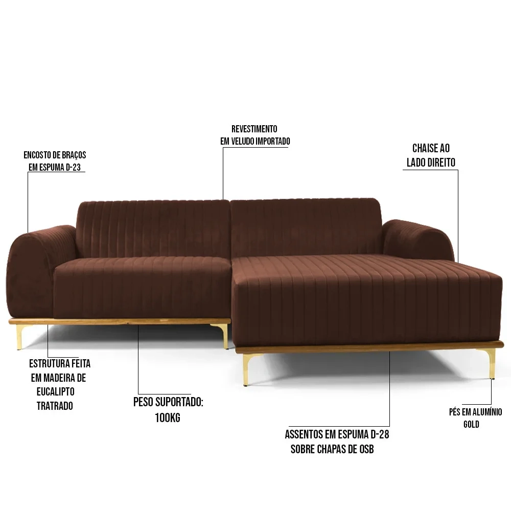 Sofá 350cm 6 Lugares com Chaise Direito Pés Gold Molino C-276 Veludo Terra - Domi