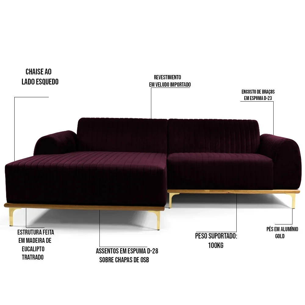 Sofá 300cm 5 Lugares com Chaise Esquerdo Pés Gold Molino C-292 Veludo Uva - Domi