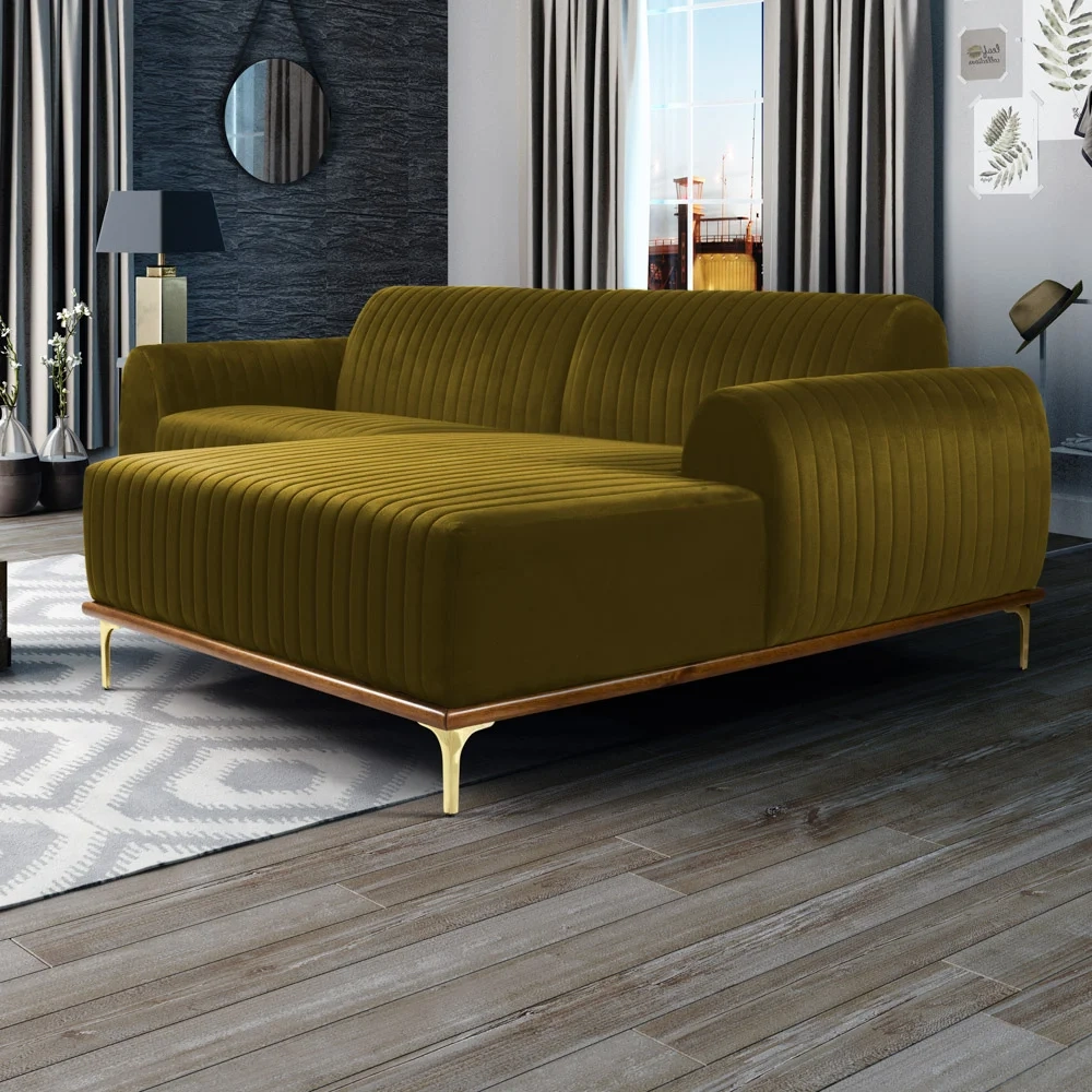 Sofá 300cm 5 Lugares com Chaise Direito Pés Gold Molino C-260 Veludo Mostarda - Domi