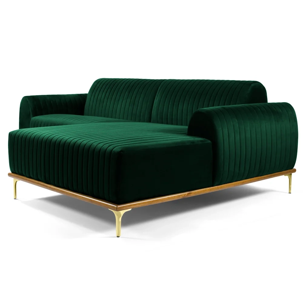 Sofá 300cm 5 Lugares com Chaise Direito Pés Gold Molino C-303 Veludo Verde Musgo - Domi