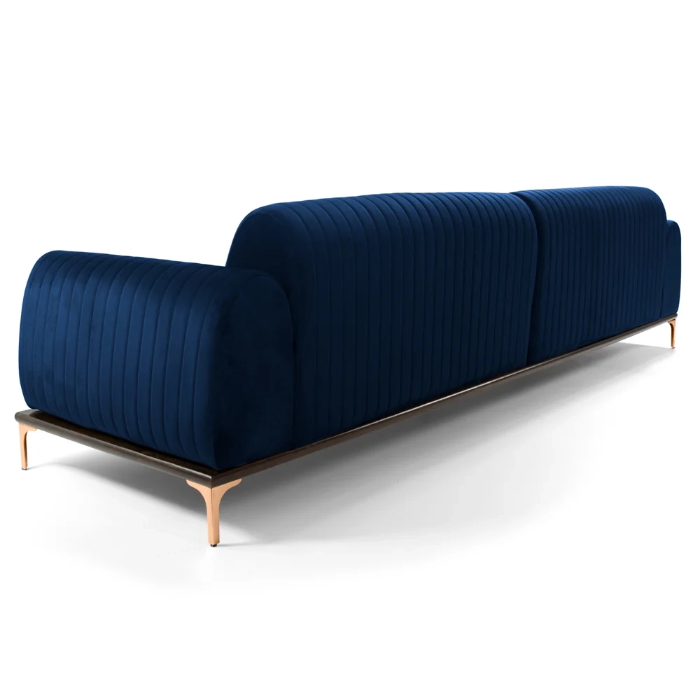 Sofá 300cm 5 Lugares com Chaise Direito Pés Gold Molino C-304 Veludo Azul Marinho - Domi