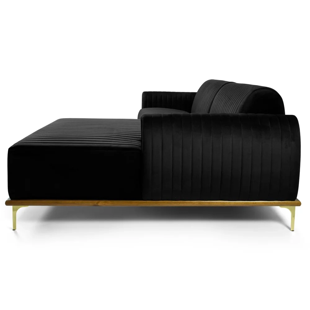 Sofá 300cm 5 Lugares com Chaise Direito Pés Gold Molino C-300 Veludo Preto - Domi