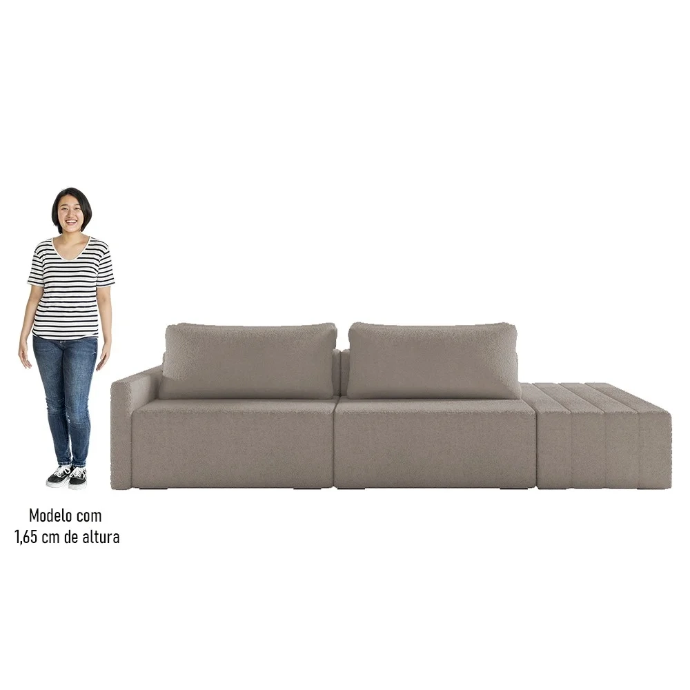 Sofá Ilha Modular com Puff para Sala Living 232cm Georgia Z08 Boucle Bege Escuro - Mpozenato