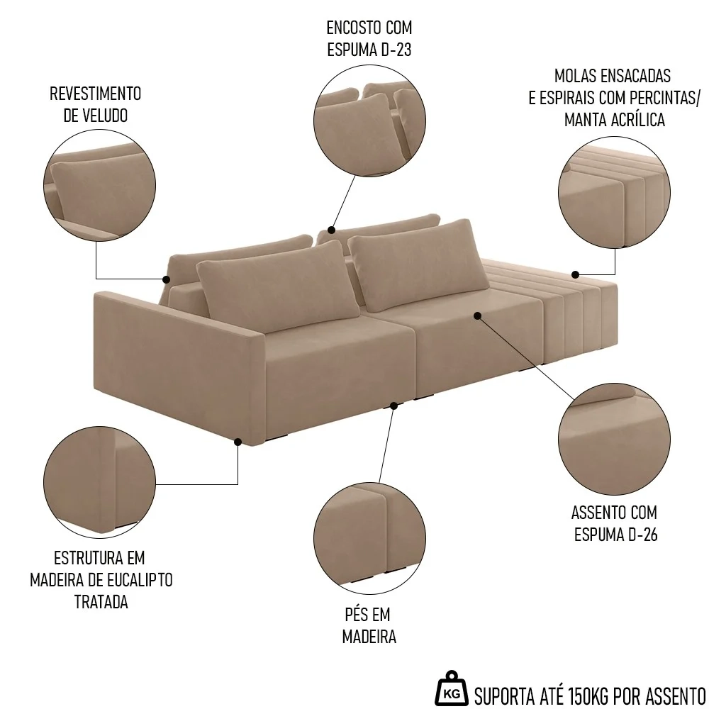 Sofá Ilha Modular com Puff para Sala Living 232cm Georgia Z08 Veludo Bege - Mpozenato