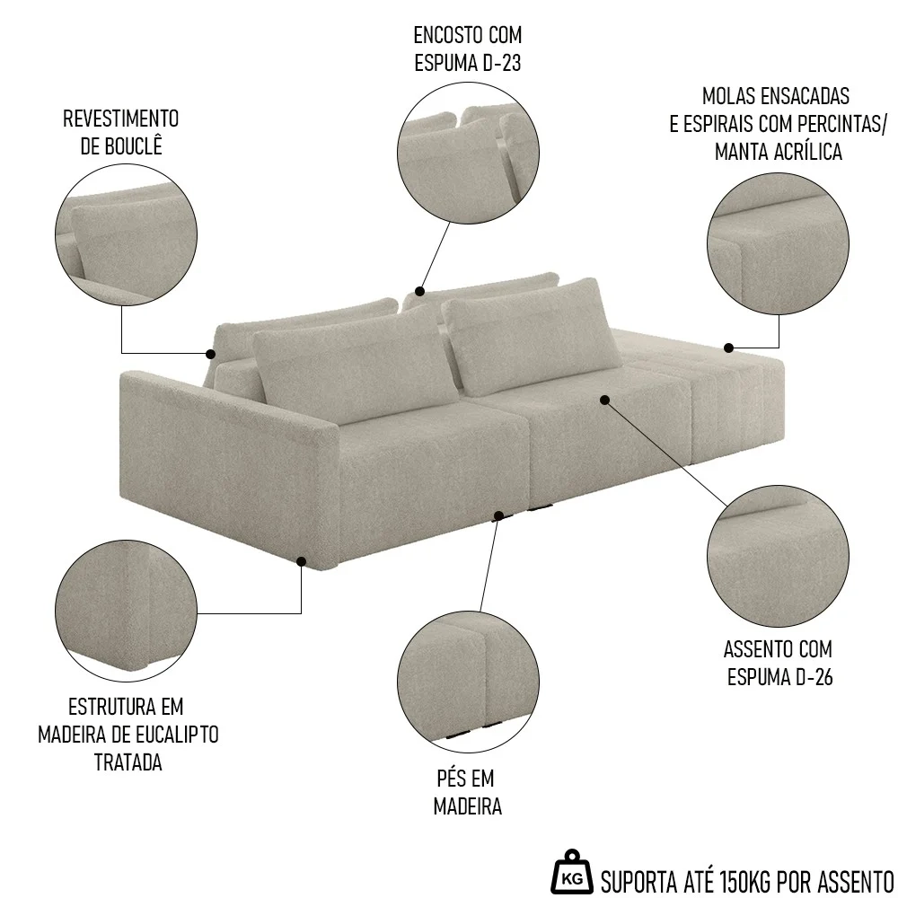 Sofá Ilha Modular com Puff para Sala Living 252cm Georgia Z08 Boucle Bege - Mpozenato