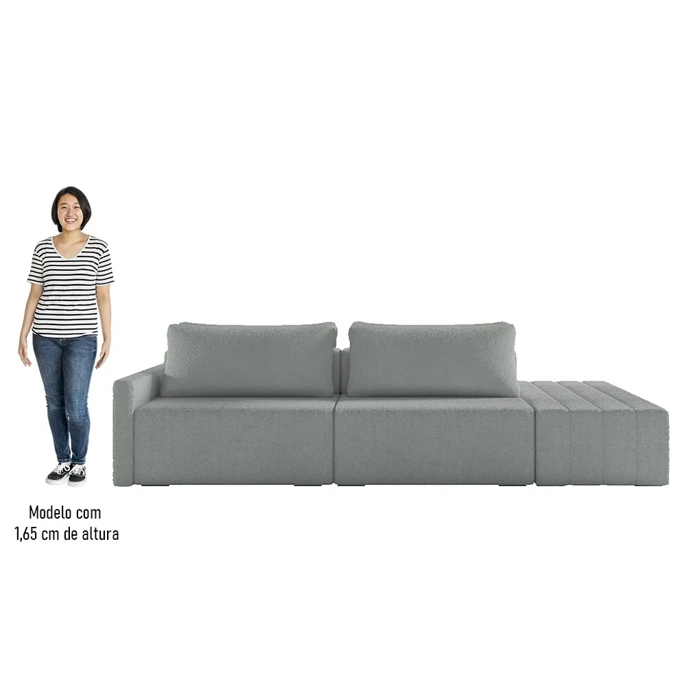 Sofá Ilha Modular com Puff para Sala Living 252cm Georgia Z08 Boucle Cinza Claro - Mpozenato