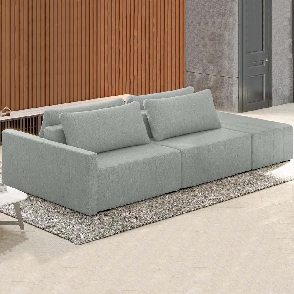 Sofá Ilha Modular com Puff para Sala Living 252cm Georgia Z08 Boucle Cinza Claro - Mpozenato
