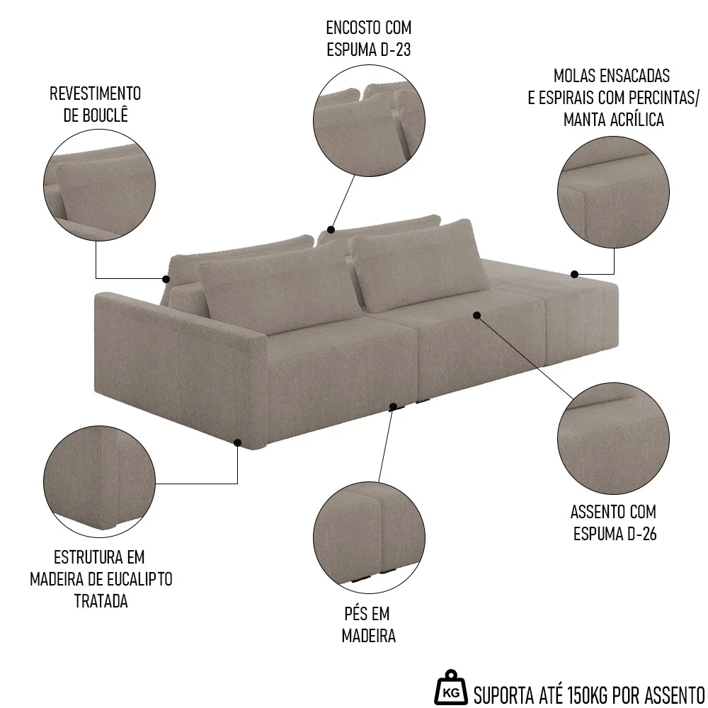 Sofá Ilha Modular com Puff para Sala Living 252cm Georgia Z08 Boucle Bege Escuro - Mpozenato