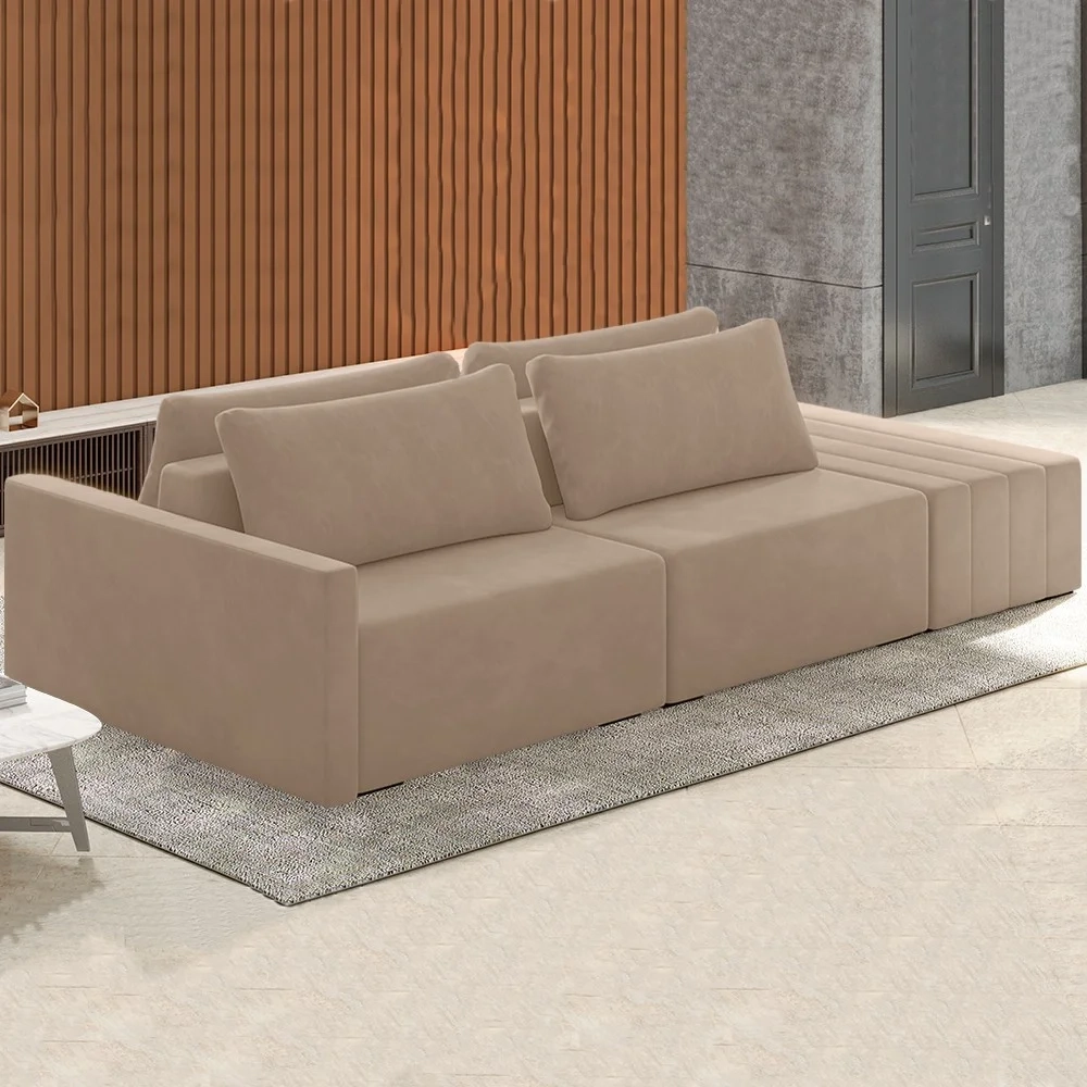 Sofá Ilha Modular com Puff para Sala Living 252cm Georgia Z08 Veludo Bege - Mpozenato