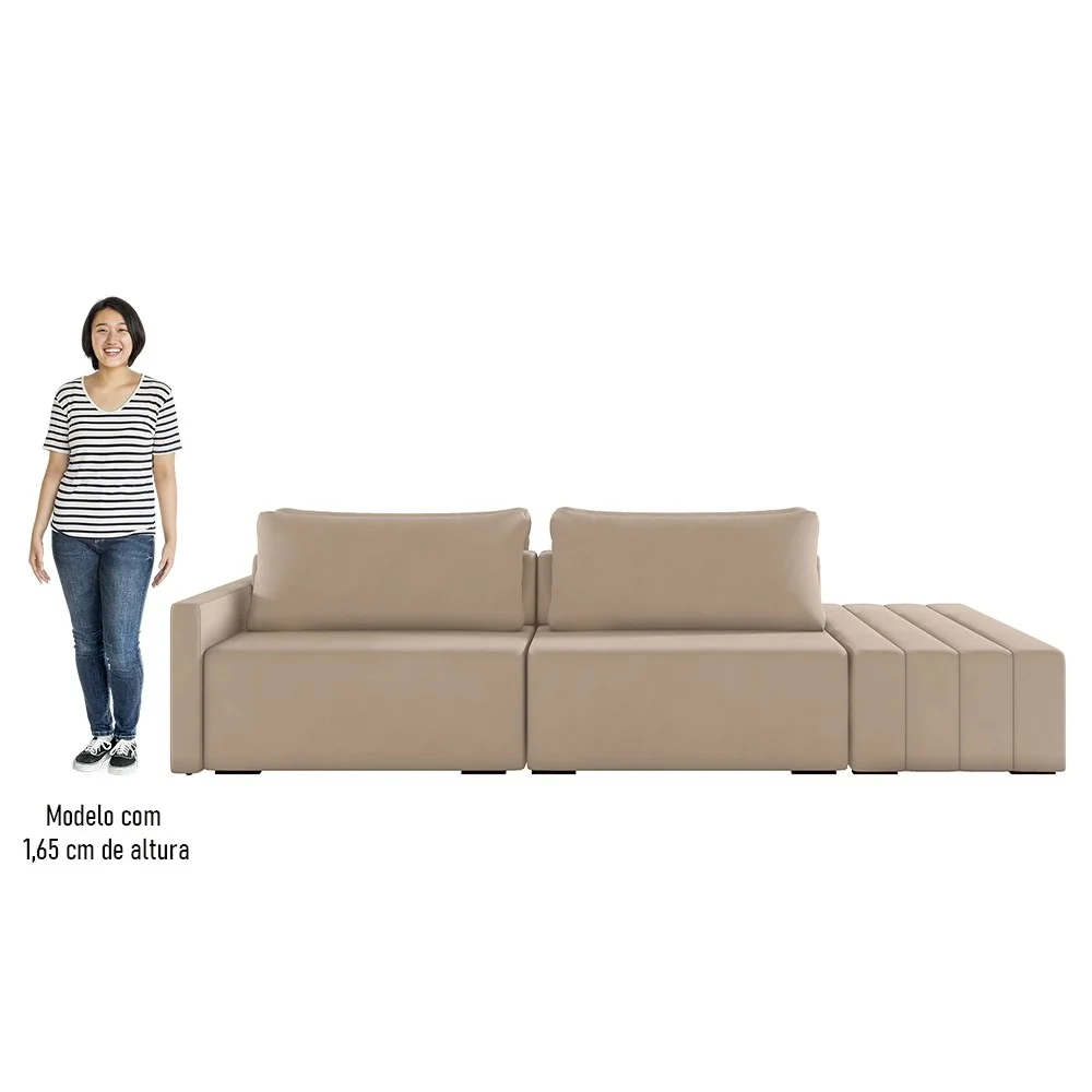 Sofá Ilha Modular com Puff para Sala Living 252cm Georgia Z08 Veludo Bege - Mpozenato