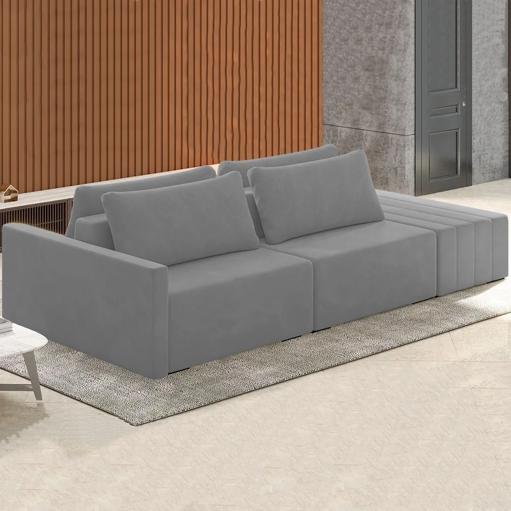 Sofá Ilha Modular com Puff para Sala Living 252cm Georgia Z08 Veludo Cinza - Mpozenato