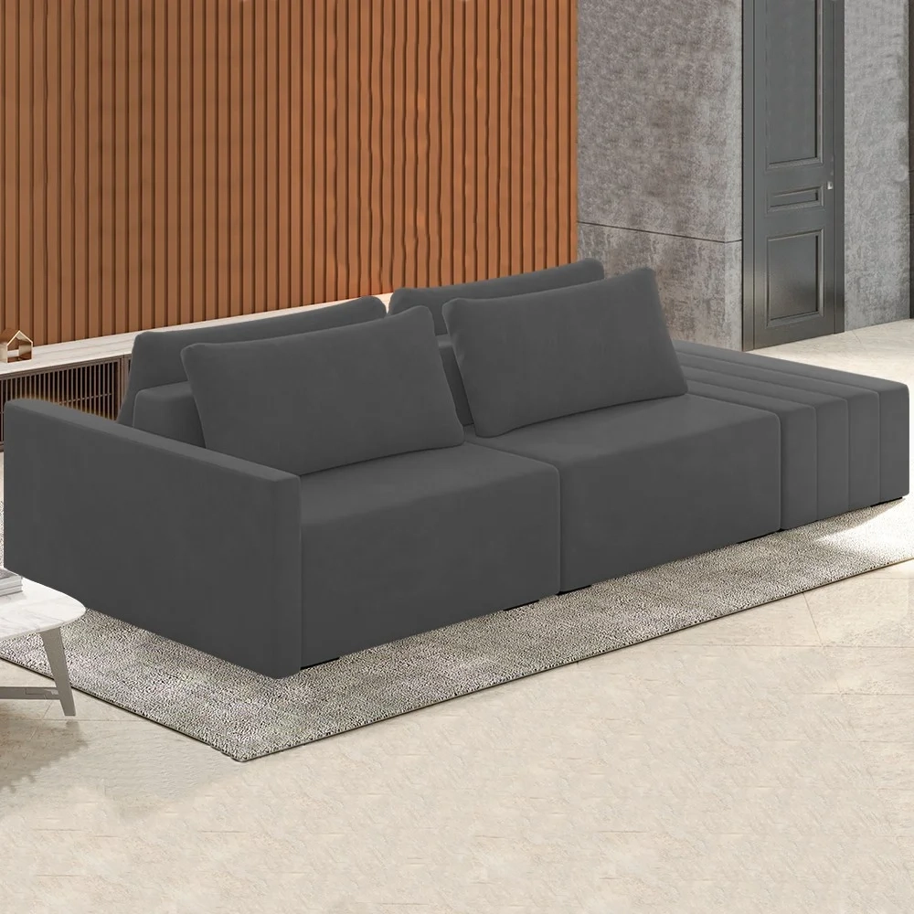 Sofá Ilha Modular com Puff para Sala Living 252cm Georgia Z08 Veludo Cinza Escuro - Mpozenato