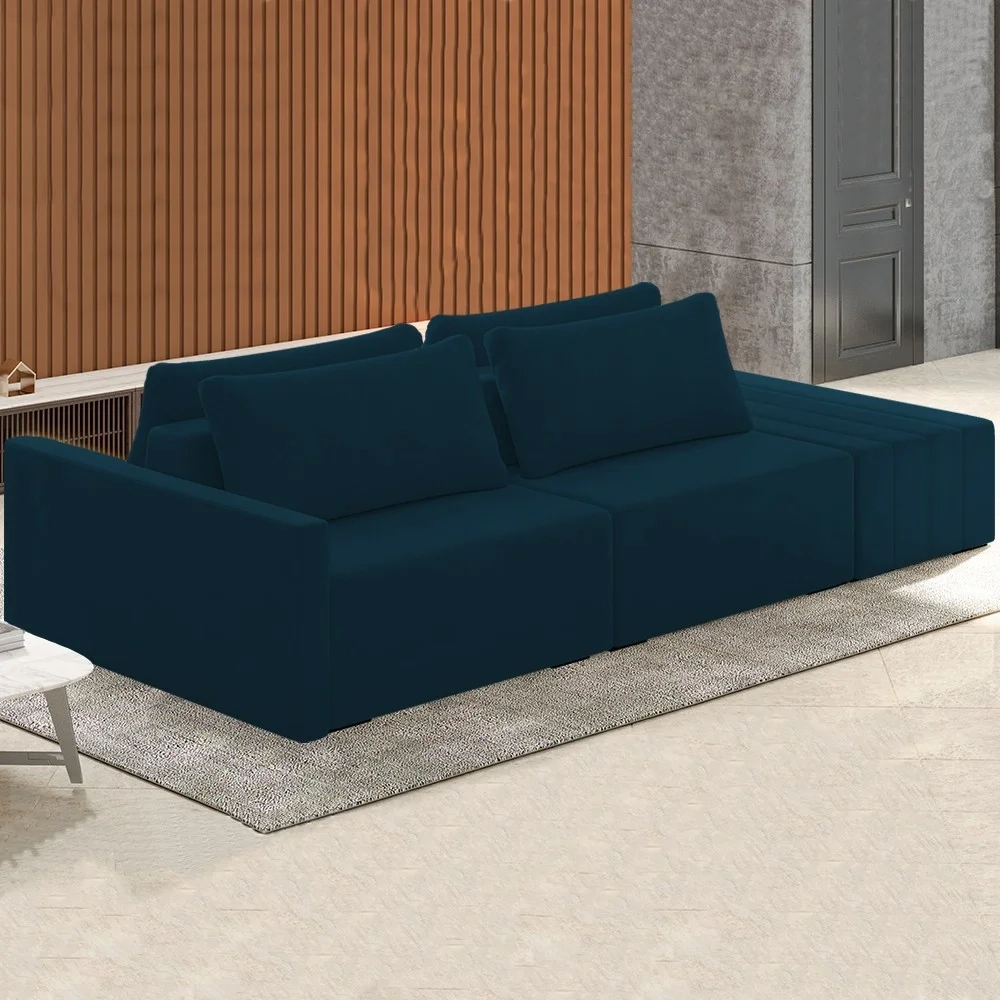 Sofá Ilha Modular com Puff para Sala Living 252cm Georgia Z08 Veludo Azul - Mpozenato