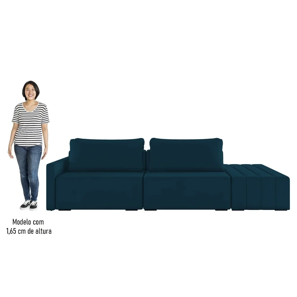 Sofá Ilha Modular com Puff para Sala Living 252cm Georgia Z08 Veludo Azul - Mpozenato