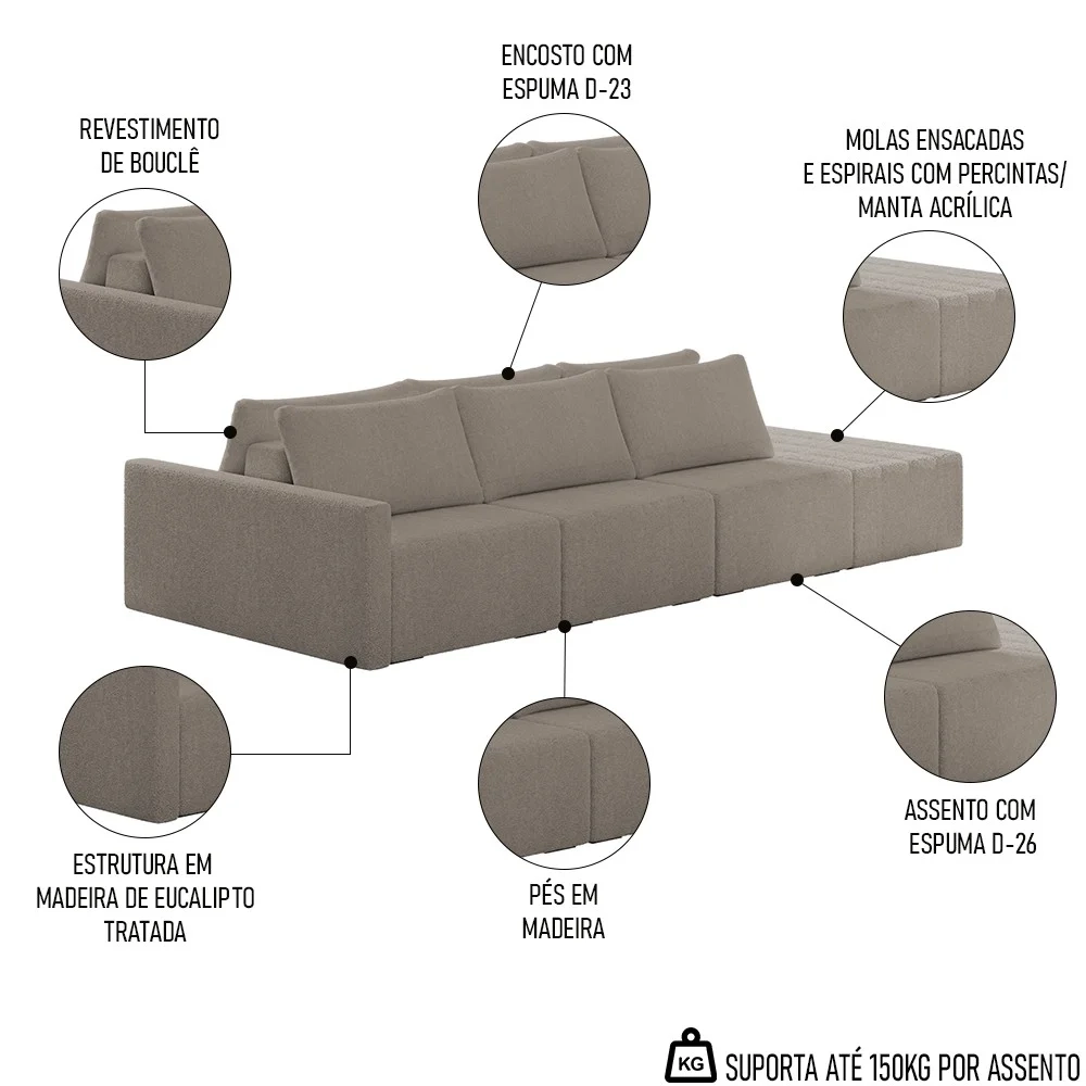 Sofá Ilha Modular com Puff para Sala Living 312cm Georgia Z08 Boucle Bege Escuro - Mpozenato