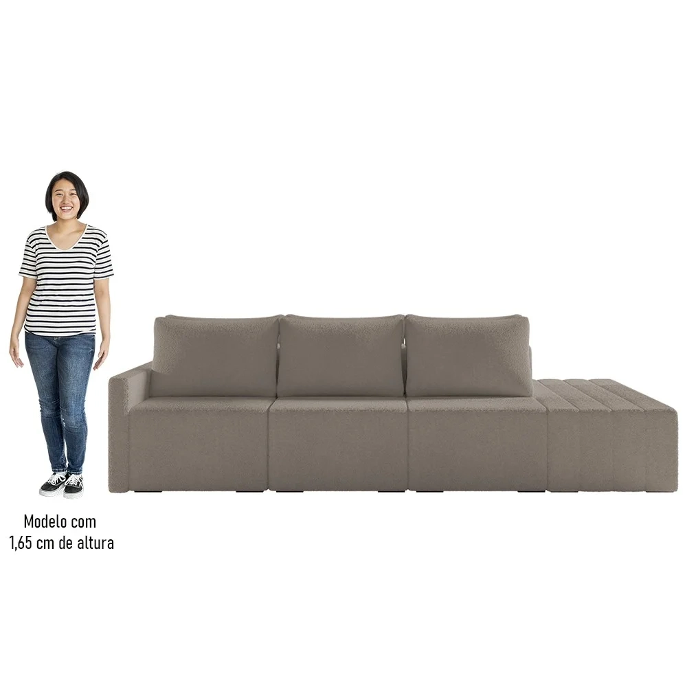 Sofá Ilha Modular com Puff para Sala Living 312cm Georgia Z08 Boucle Bege Escuro - Mpozenato