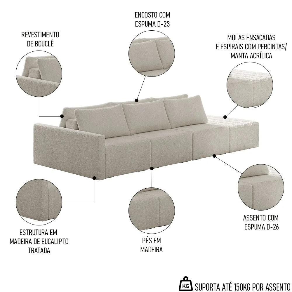 Sofá Ilha Modular com Puff para Sala Living 312cm Georgia Z08 Boucle Bege - Mpozenato