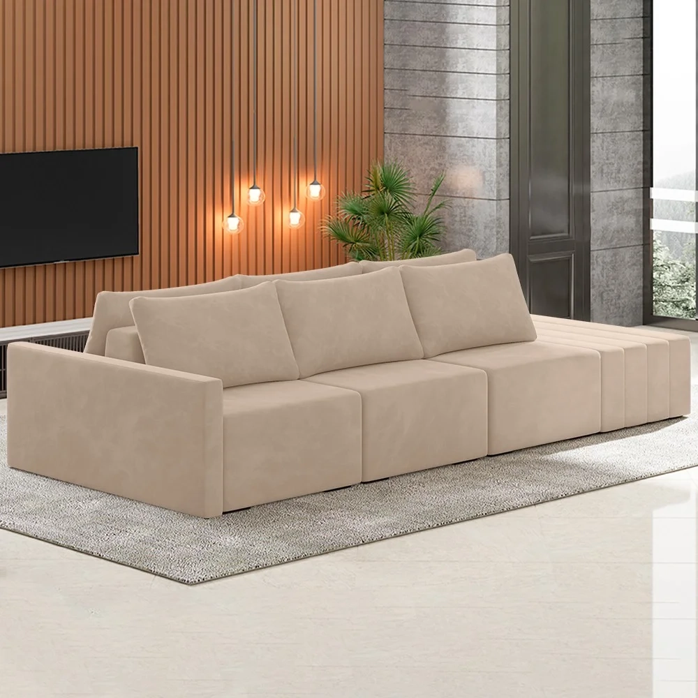 Sofá Ilha Modular com Puff para Sala Living 312cm Georgia Z08 Veludo Bege - Mpozenato