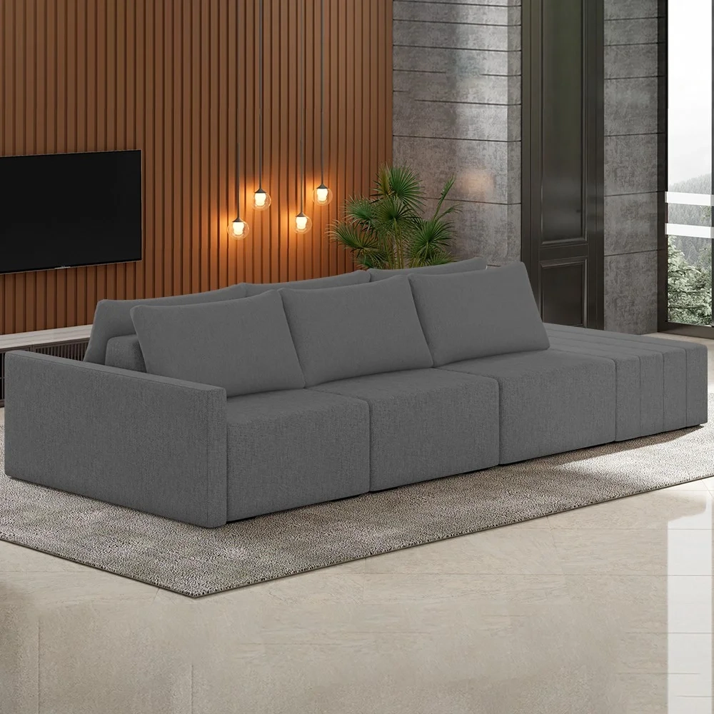 Sofá Ilha Modular com Puff para Sala Living 312cm Georgia Z08 Linho Cinza Escuro - Mpozenato
