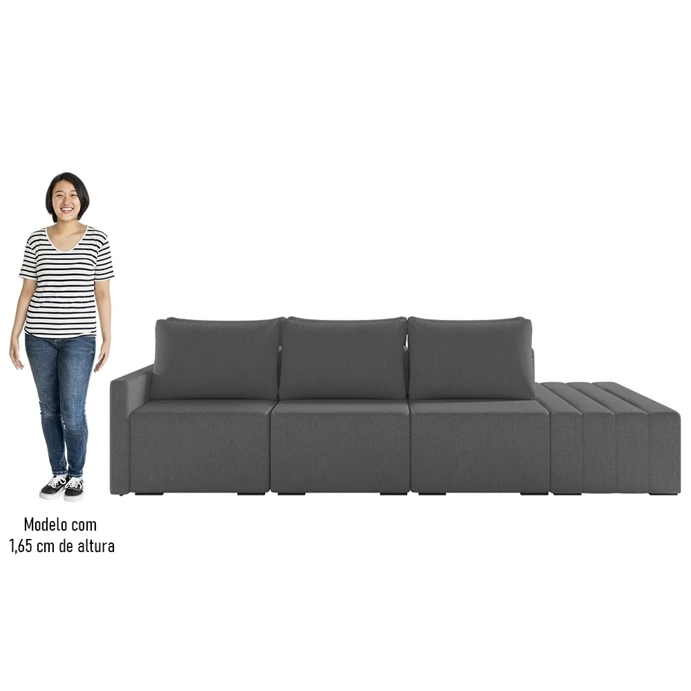 Sofá Ilha Modular com Puff para Sala Living 312cm Georgia Z08 Linho Cinza Escuro - Mpozenato