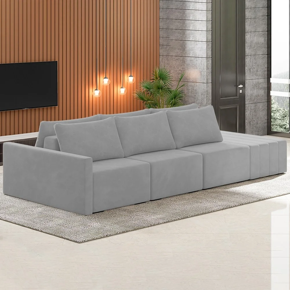 Sofá Ilha Modular com Puff para Sala Living 312cm Georgia Z08 Veludo Cinza - Mpozenato
