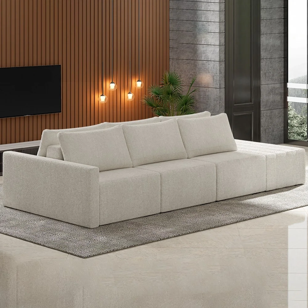 Sofá Ilha Modular com Puff para Sala Living 342cm Georgia Z08 Boucle Bege - Mpozenato